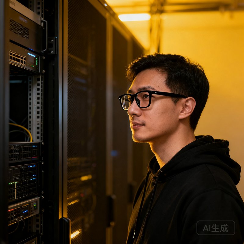 一位戴着黑框眼镜的男性数据分析师穿着黑色连帽衫，站在服务器机柜前，暖色灯光映照在他专注的面容上