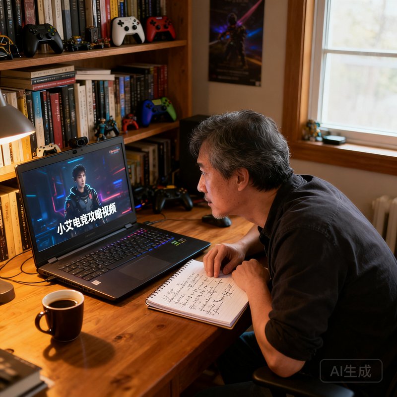 一位中年男性玩家在家庭书房中认真观看小艾电竞的攻略视频，手边放着记满笔记的笔记本
