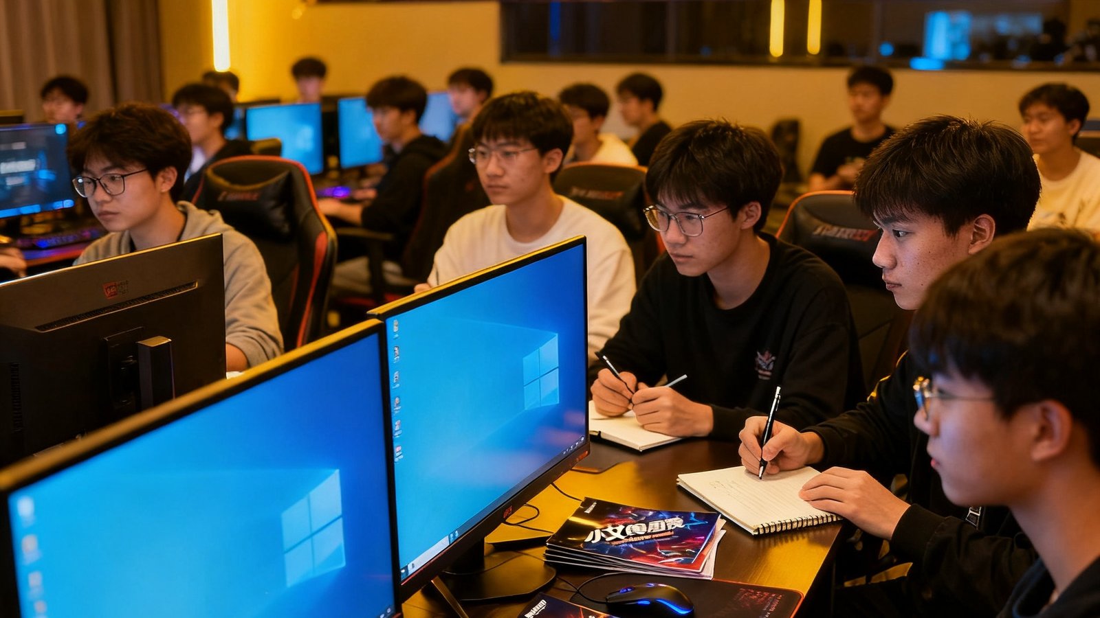 高校电竞社团的学生们围坐在电脑前，参加小艾电竞举办的校园电竞讲座，现场气氛热烈，有人在认真记笔记